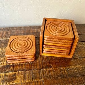 Mid-Century Modern Goodwood Genuine Teak Coasters w/ Holder + 12 Coasters